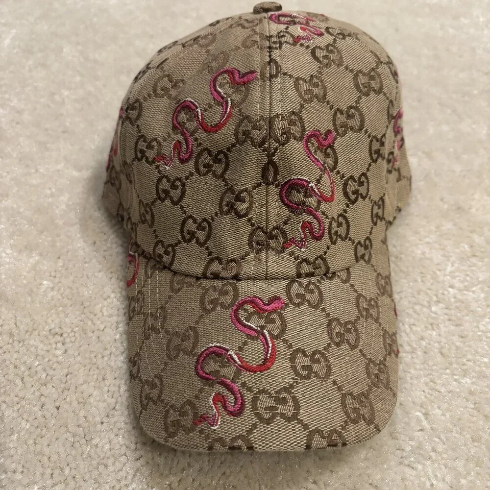 Gucci Pink Snake Print Canvas Baseball Cap